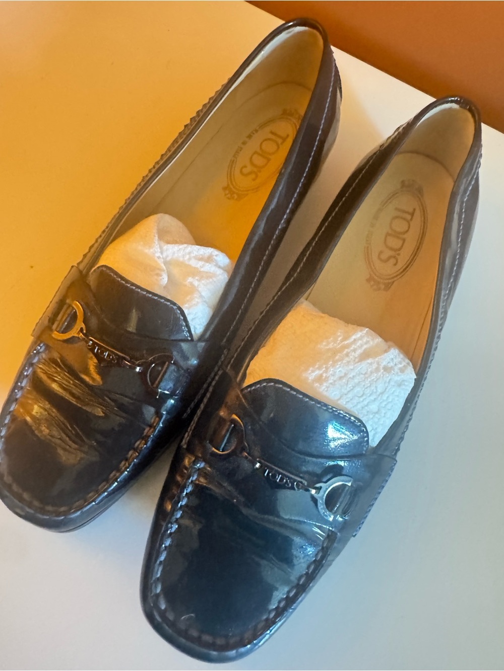 TOD'S Navy Patent Leather Horsebit Loafers with silver Hardware